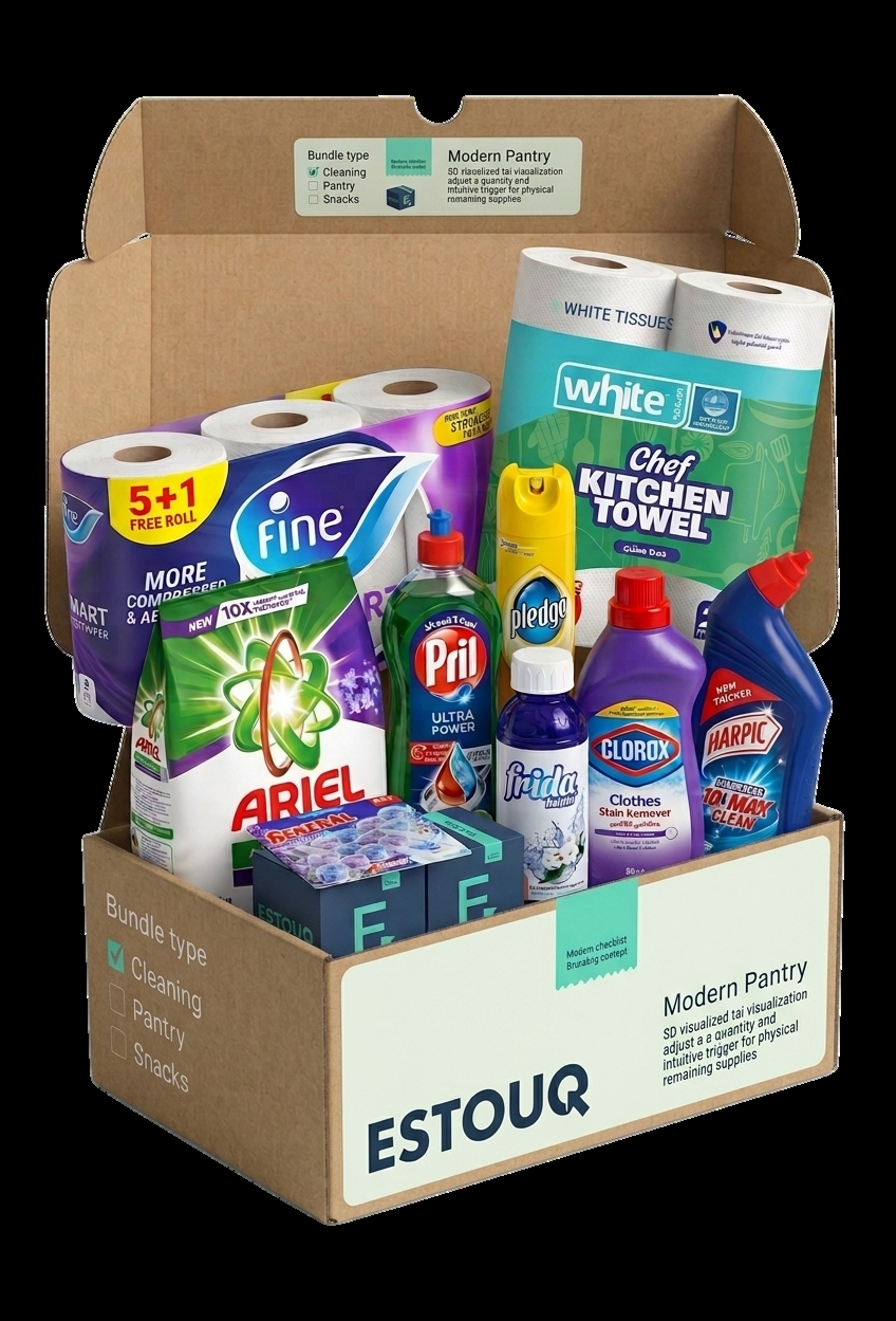 ESTOUQ Monthly Cleaning Essentials Box — open kraft box with products